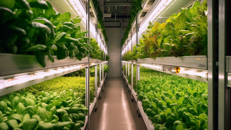 Blick in eine vertikale Indoor-Farm, Reihen von Blattgemüse unter LED-Lichtern © Marc – stock.adobe.com