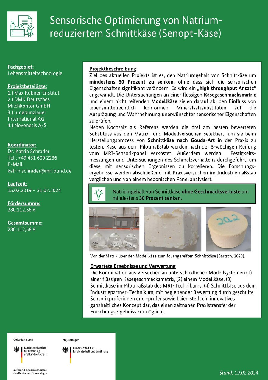 Steckbrief des Projektes Sensorische Optimierung von Natrium-reduziertem Schnittkäse (Senopt-Kaese)